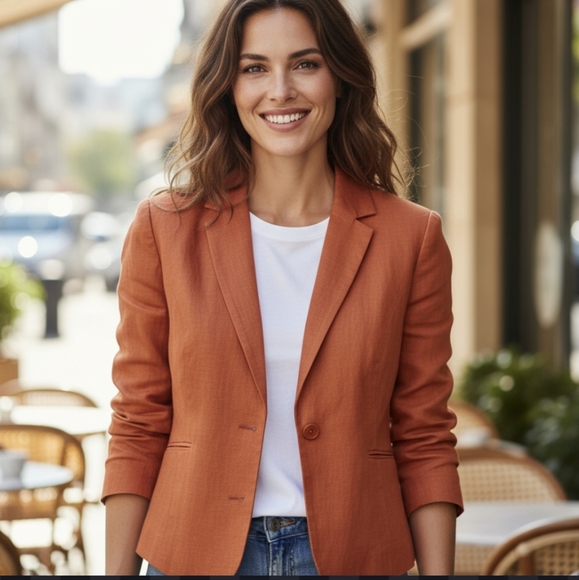Ann Taylor Orange Blazer Linen Blend Tailored Fit Career Cropped Length Sz 8 - Picture 8 of 8